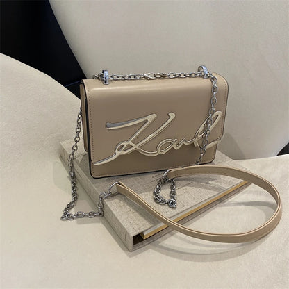 Fashionable Women’s Crossbody Bag – Solid Color Shoulder Bag with Metal Letter Logo & Chain-Link Strap