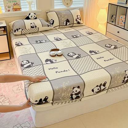Milk Velvet Cartoon Printed Fitted Sheet – Plush Warm Mattress Protective Cover for Winter, Skin-Friendly Bed Cover for Dorm & Home
