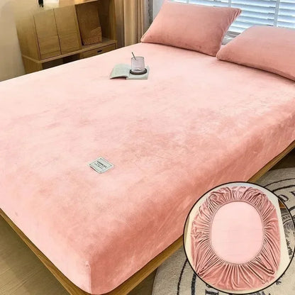 Soft Warm Plush Fitted Sheet – Elastic Mattress Cover Fluffy Coral Fleece Bed Linen for Winter, Luxury Double Bed Bedding