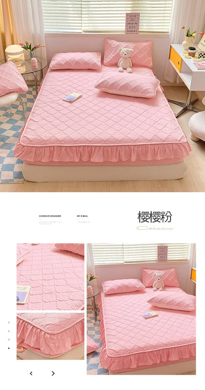 Super Nordic Thick and Warm Fitted Sheet with Elastic Bands & Princess Waterproof Bed Skirt – Pink Mattress Covers
