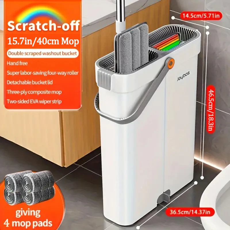 Spin Flat Mop With Bucket Set 40cm | Hands-Free Floor Cleaner with Automatic Water Separation & Microfiber Pads