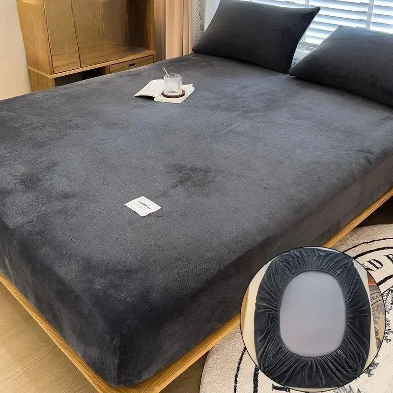 Soft Warm Plush Fitted Sheet – Elastic Mattress Cover Fluffy Coral Fleece Bed Linen for Winter, Luxury Double Bed Bedding