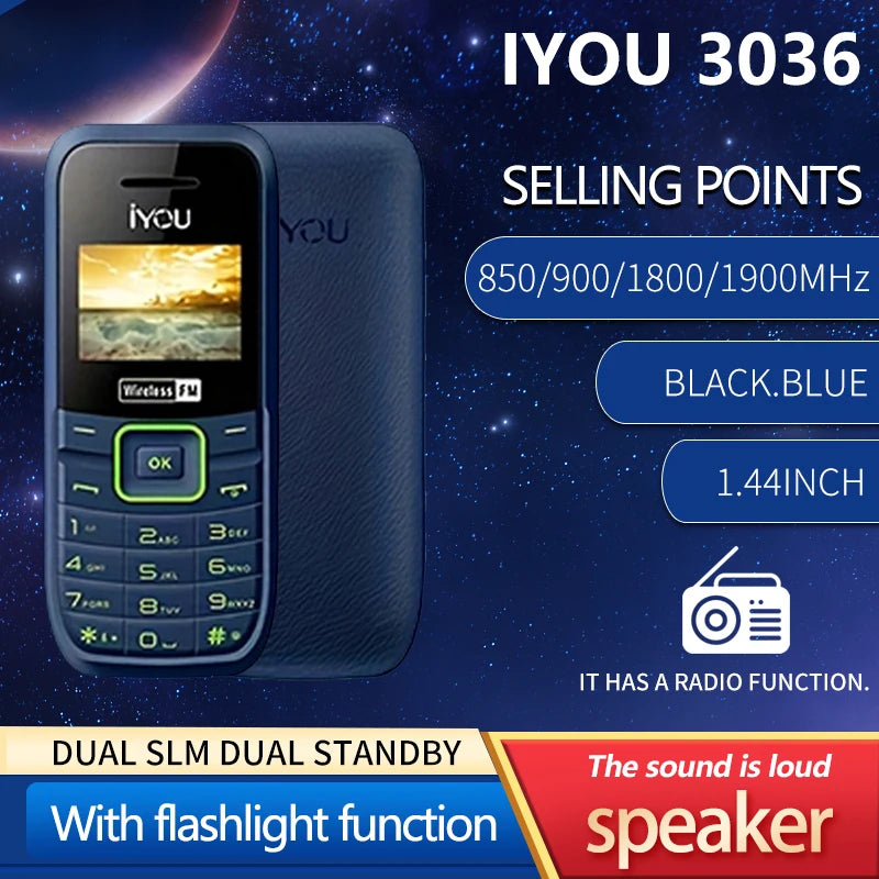 IYOU 3036 Dual SIM Mobile Phone – FM Radio, Flashlight, 1000mAh Long Standby Battery, Emergency Outdoor Cellphone