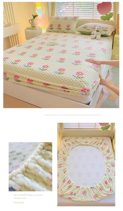 Warm Fitted Sheet Soft Velvet Bed Cover – Double Bedsheet Winter Mattress Protector Bed Linen (Pillowcase Sold Separately)