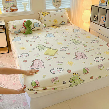 Milk Velvet Cartoon Printed Fitted Sheet – Plush Warm Mattress Protective Cover for Winter, Skin-Friendly Bed Cover for Dorm & Home