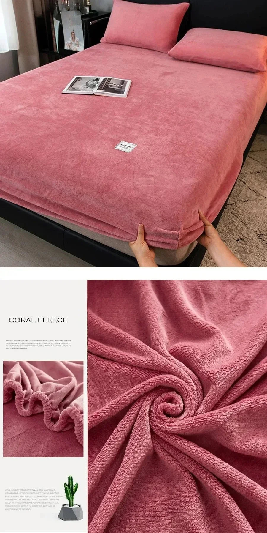 Soft Warm Plush Fitted Sheet – Elastic Mattress Cover Fluffy Coral Fleece Bed Linen for Winter, Luxury Double Bed Bedding