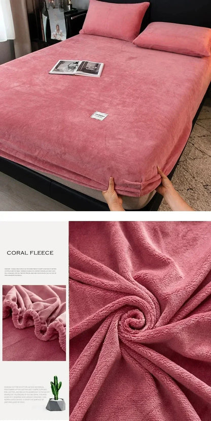 Soft Warm Plush Fitted Sheet – Elastic Mattress Cover Fluffy Coral Fleece Bed Linen for Winter, Luxury Double Bed Bedding