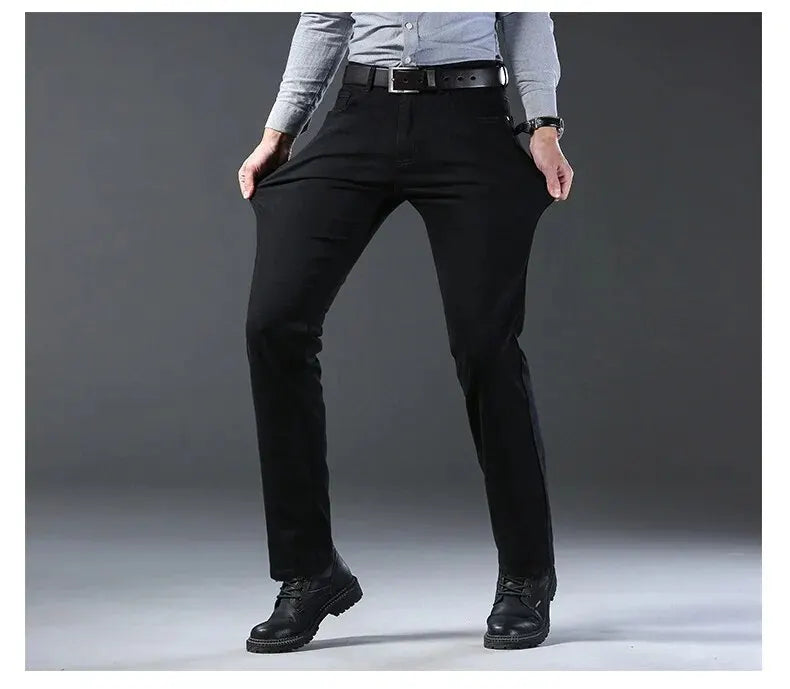 Wthinlee Men’s Business Jeans – Classic Straight Stretch Denim Trousers in Blue & Black