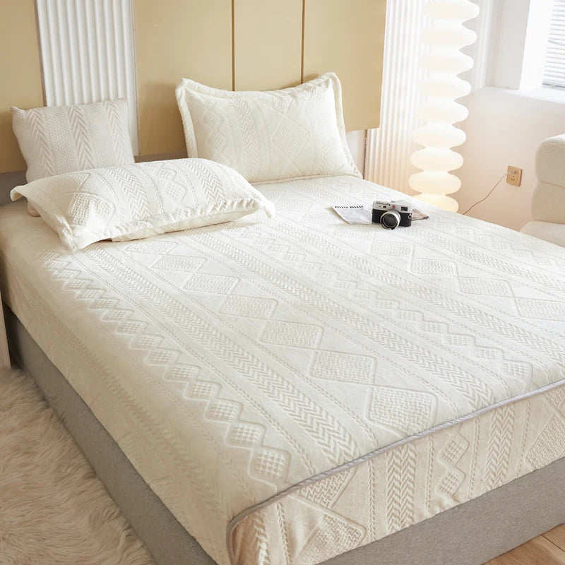 Warm Milk Velvet Bed Sheet | Thick Comfort Mattress Cover | Single, Queen & King | Elastic Band Fitted Protector