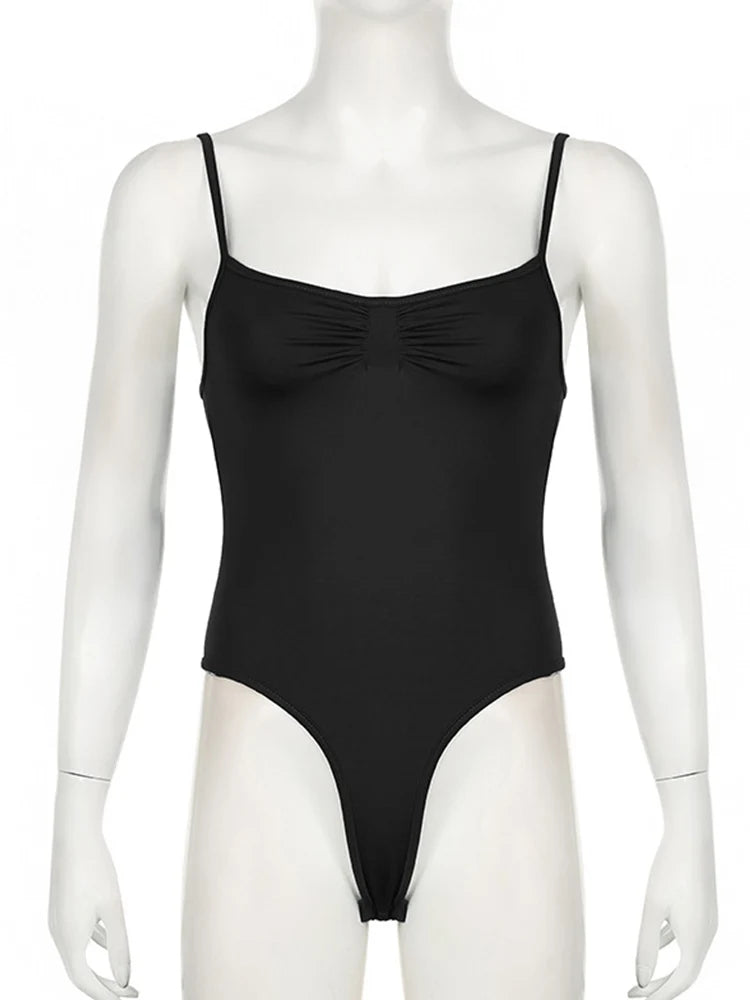 Sweetown Women’s Black Sleeveless Bodysuit – Spaghetti Strap Sexy Vacation Wear