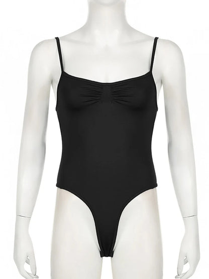 Sweetown Women’s Black Sleeveless Bodysuit – Spaghetti Strap Sexy Vacation Wear