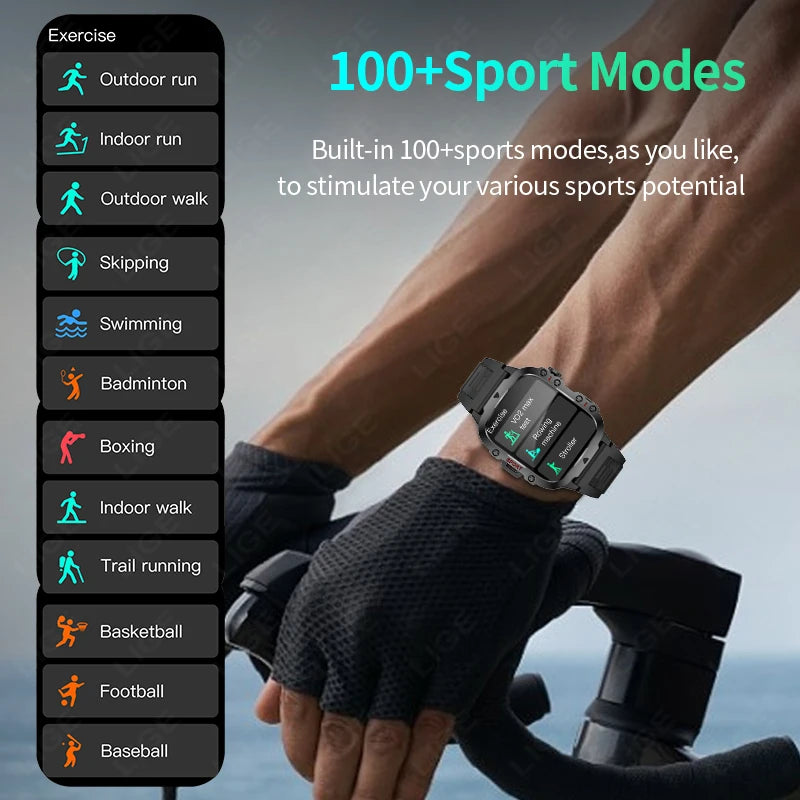 LIGE Outdoor Smart Watch Men – 2.01" Screen, Waterproof, Bluetooth Call & AI Voice for Android & iOS