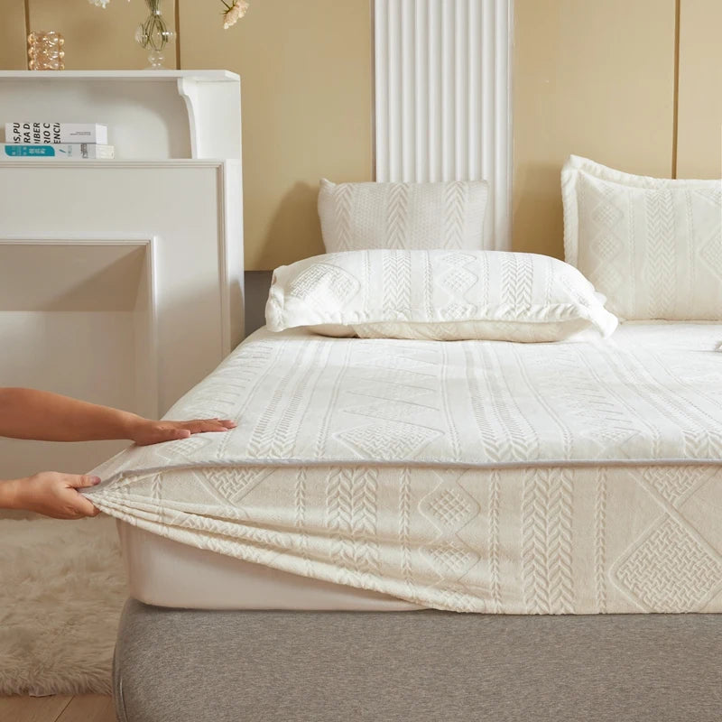 Warm Milk Velvet Bed Sheet | Thick Comfort Mattress Cover | Single, Queen & King | Elastic Band Fitted Protector