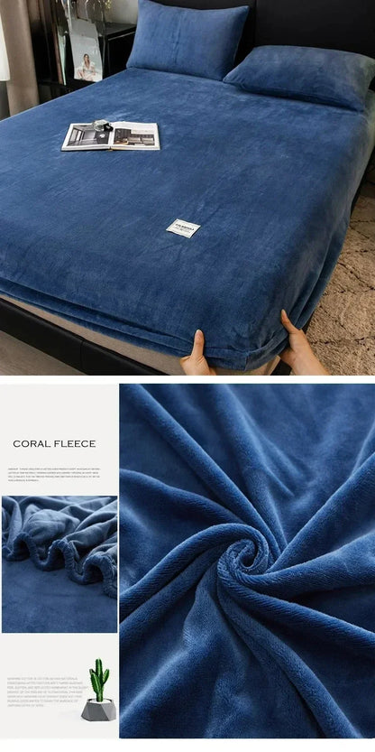 Soft Warm Plush Fitted Sheet – Elastic Mattress Cover Fluffy Coral Fleece Bed Linen for Winter, Luxury Double Bed Bedding