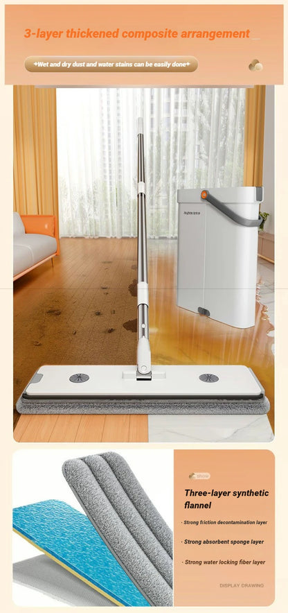 Spin Flat Mop With Bucket Set 40cm | Hands-Free Floor Cleaner with Automatic Water Separation & Microfiber Pads