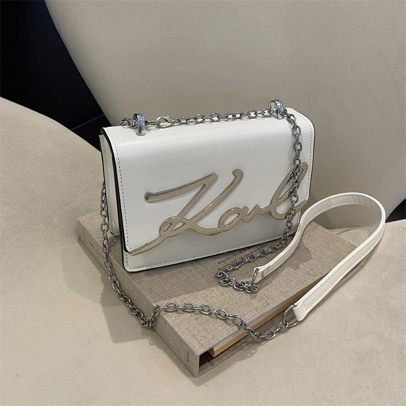 Fashionable Women’s Crossbody Bag – Solid Color Shoulder Bag with Metal Letter Logo & Chain-Link Strap