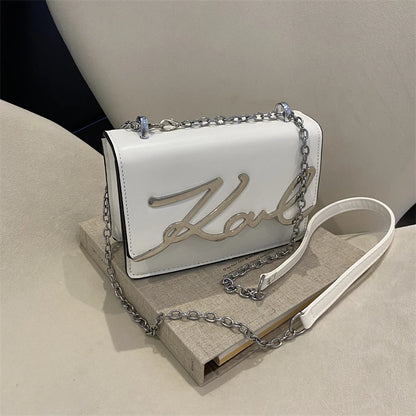 Fashionable Women’s Crossbody Bag – Solid Color Shoulder Bag with Metal Letter Logo & Chain-Link Strap