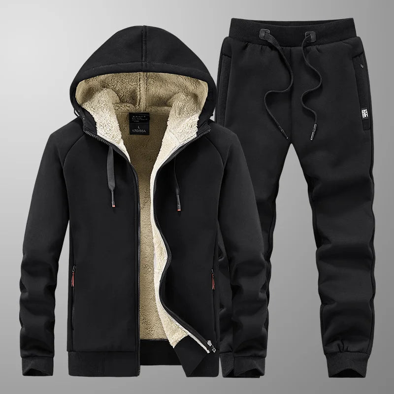 Men’s Winter Sportswear Set – Warm Fleece Tracksuit with Hoodie & Pants | Thermal 2-Piece Windproof Gym Outfit