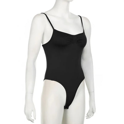 Sweetown Women’s Black Sleeveless Bodysuit – Spaghetti Strap Sexy Vacation Wear