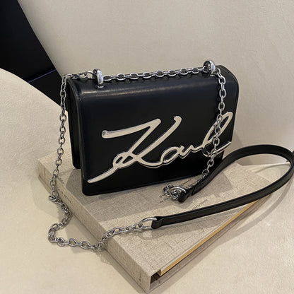 Fashionable Women’s Crossbody Bag – Solid Color Shoulder Bag with Metal Letter Logo & Chain-Link Strap