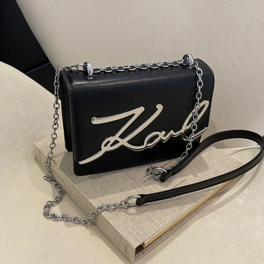 Fashionable Women’s Crossbody Bag – Solid Color Shoulder Bag with Metal Letter Logo & Chain-Link Strap