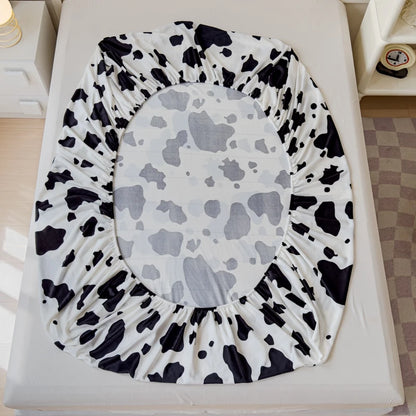 Milk Velvet Thickened Fitted Sheet – Soft Warm Winter Bedding Cow Print Dustproof Mattress Protector for Bedroom & Guest Room