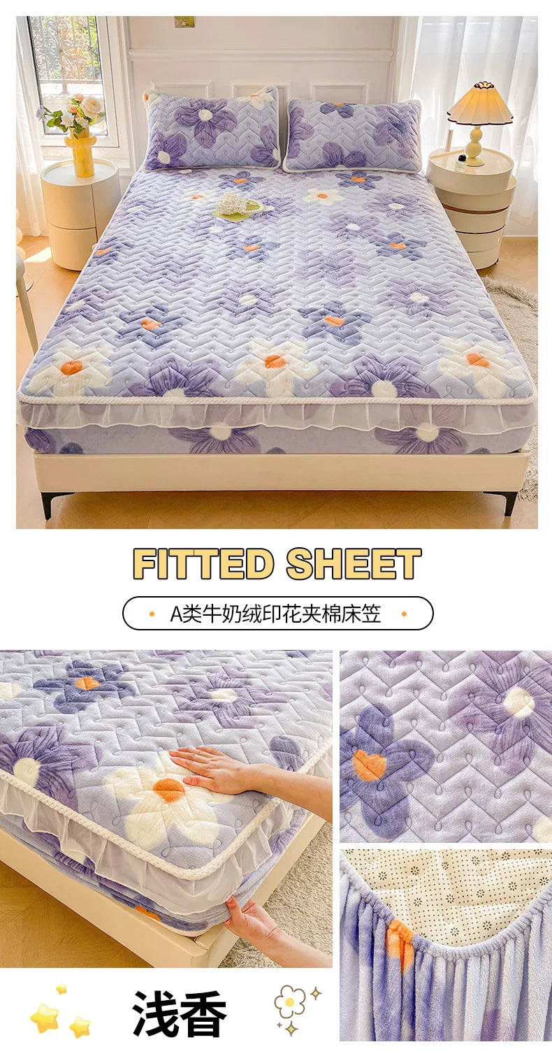 Fitted Sheet Winter Thickened Padded Three-Piece Set – Non-Slip Mattress Protective Cover