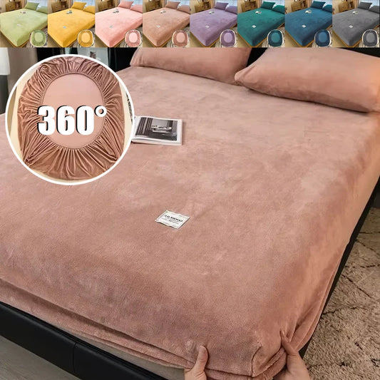Soft Warm Plush Fitted Sheet – Elastic Mattress Cover Fluffy Coral Fleece Bed Linen for Winter, Luxury Double Bed Bedding