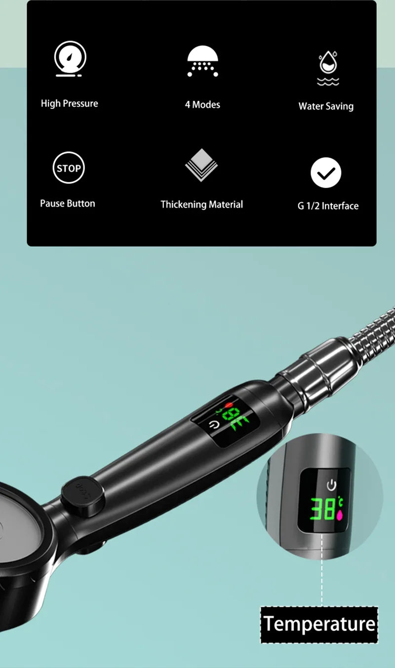High Pressure Handheld LED Shower Head | Adjustable Water-Saving Showerhead with Digital Temperature Display & Pressurized Spray