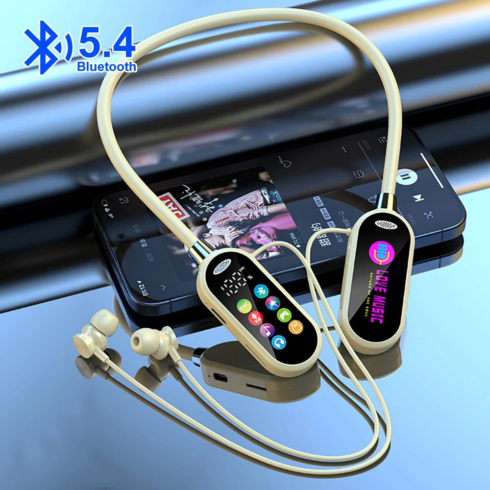 Color Screen Bluetooth 5.4 Neckband Earphones – Wireless HiFi Stereo Headphones with Noise Reduction & Mic for Xiaomi
