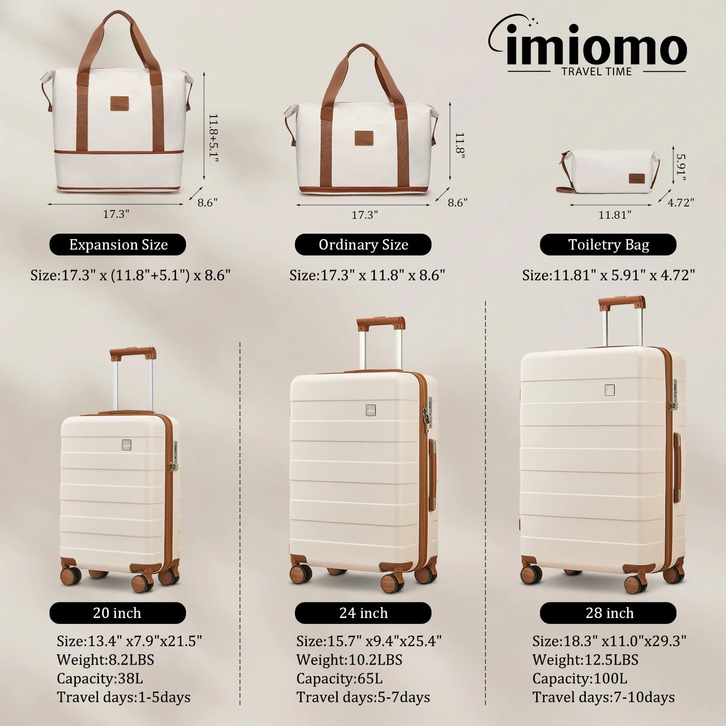 imiomo Travel Luggage Set – Hard Shell Lightweight Carry-On Suitcase with Travel Bag, TSA Lock & Silent Spinner Wheels