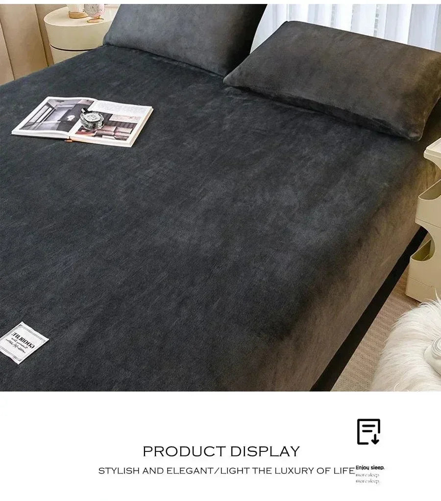 Soft Warm Plush Fitted Sheet – Elastic Mattress Cover Fluffy Coral Fleece Bed Linen for Winter, Luxury Double Bed Bedding