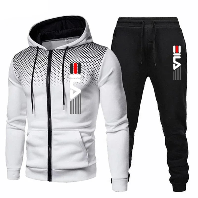 New Men’s Fashion Zipper Hoodie Set | Autumn & Winter 2-Piece Sportswear Printed Polka Dot Casual Hooded Sweatshirt