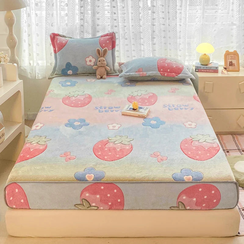 New Snowflake Velvet Fitted Sheet – Winter Warm Cartoon Print Bed Cover for Bedroom & Apartment