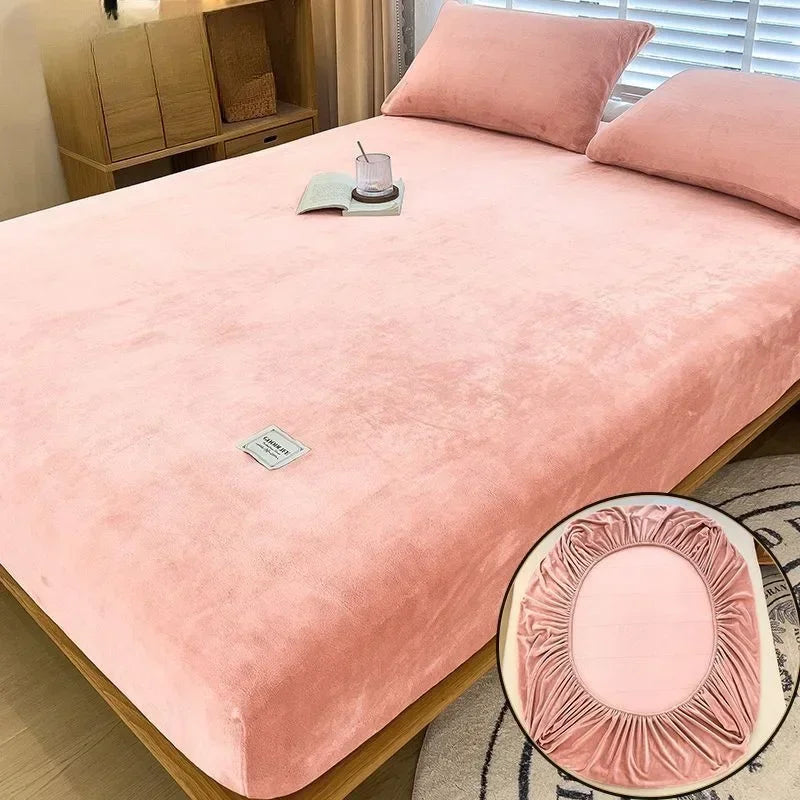 Soft Warm Plush Fitted Sheet – Elastic Mattress Cover Fluffy Coral Fleece Bed Linen for Winter, Luxury Double Bed Bedding