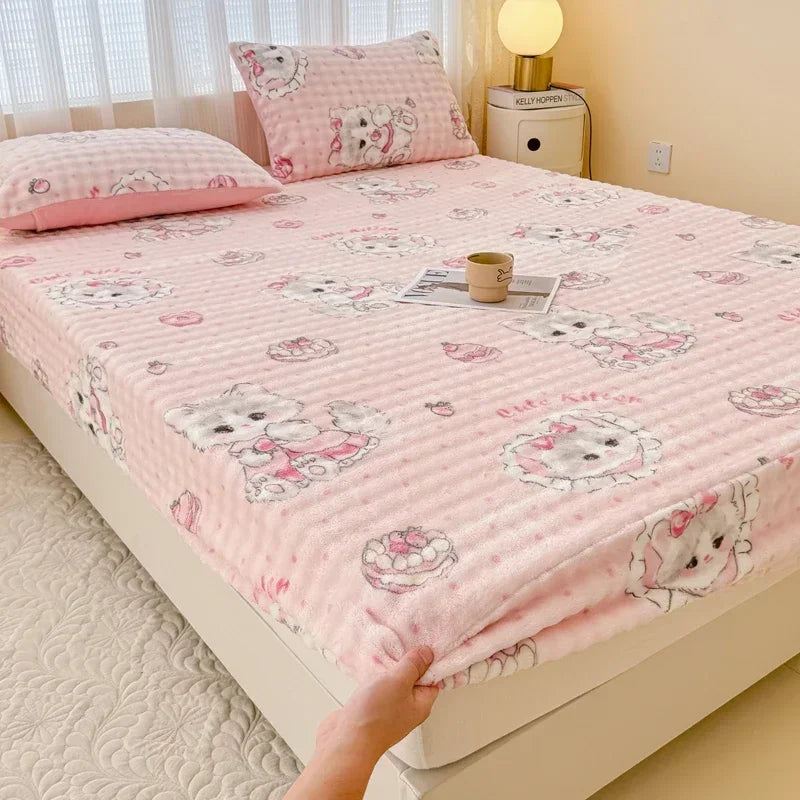 Fluffy Plush Cartoon Fleece Bed Sheet | Double Bed | Winter Warm