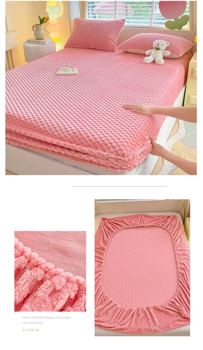 Warm Fitted Sheet Soft Velvet Bed Cover – Double Bedsheet Winter Mattress Protector Bed Linen (Pillowcase Sold Separately)
