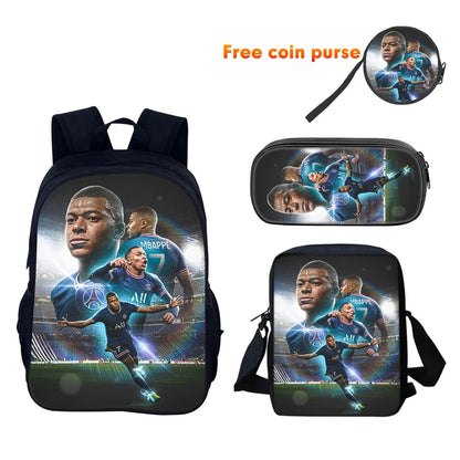 Football Sports School Backpack Set – Boys School Bag with Shoulder Bag & Pencil Case, Star Player Design, Best Gift