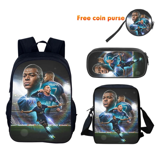 Football Sports School Backpack Set – Boys School Bag with Shoulder Bag & Pencil Case, Star Player Design, Best Gift