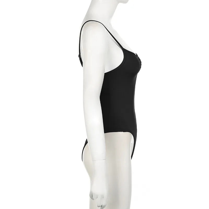 Sweetown Women’s Black Sleeveless Bodysuit – Spaghetti Strap Sexy Vacation Wear