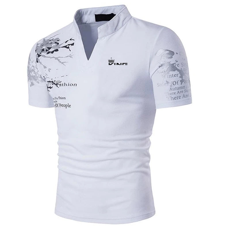 Men’s Polo Golf Shirt – V-Neck Graphic Print Short Sleeve Streetwear & Sports Fashion