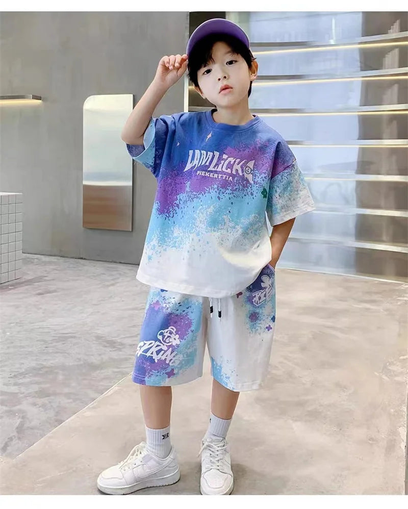 Boys Summer Casual Set – Gradient T-Shirt & Shorts 2Pcs Outfit for Teens & Kids