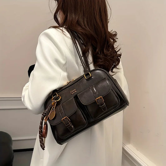 Women’s Retro Solid Color PU Leather Shoulder Bag – Large Capacity Multi-Pocket Handbag with Detachable Charm