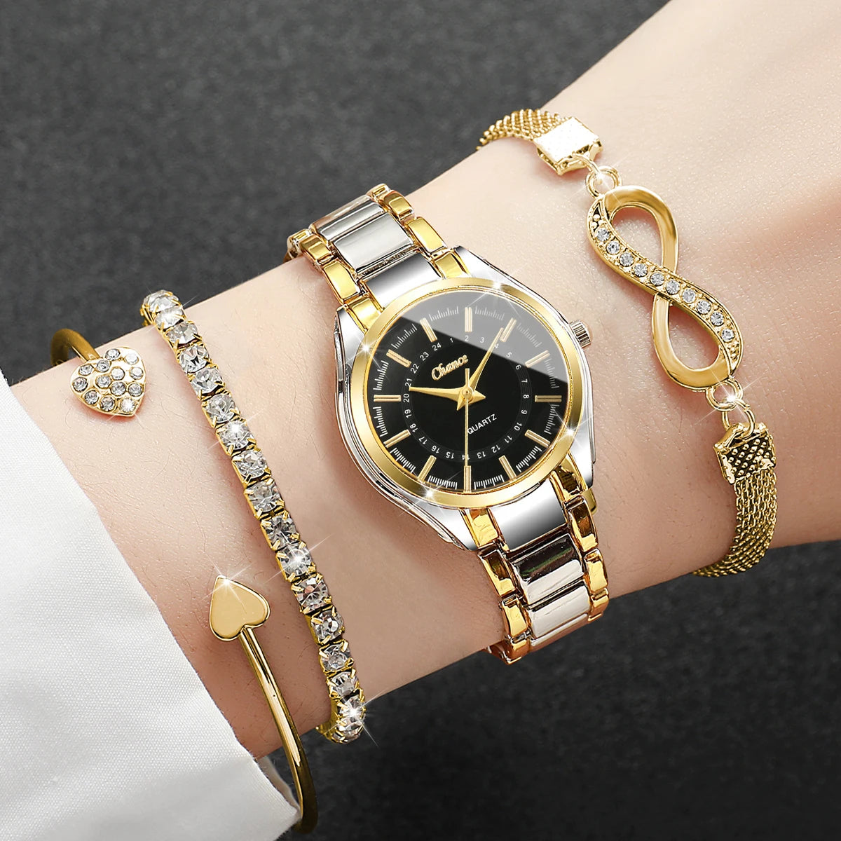 4PCS Women’s Luxury Watch & Bracelet Set – Small Dial Quartz Wristwatch Fashion Reloj Mujer