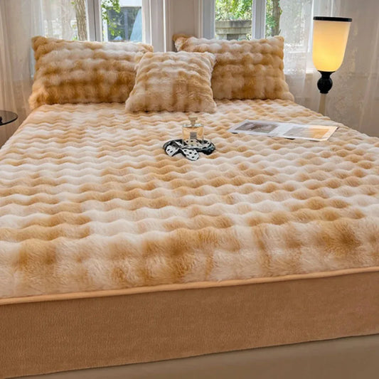 Rabbit Plush Fitted Sheet – Thick Coral Fleece Mattress Cover, Super Soft Warm Bedding for Autumn & Winter (Single Size)