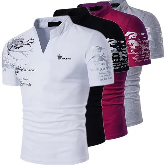 Men’s Polo Golf Shirt – V-Neck Graphic Print Short Sleeve Streetwear & Sports Fashion