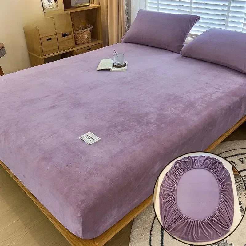 Soft Warm Plush Fitted Sheet – Elastic Mattress Cover Fluffy Coral Fleece Bed Linen for Winter, Luxury Double Bed Bedding