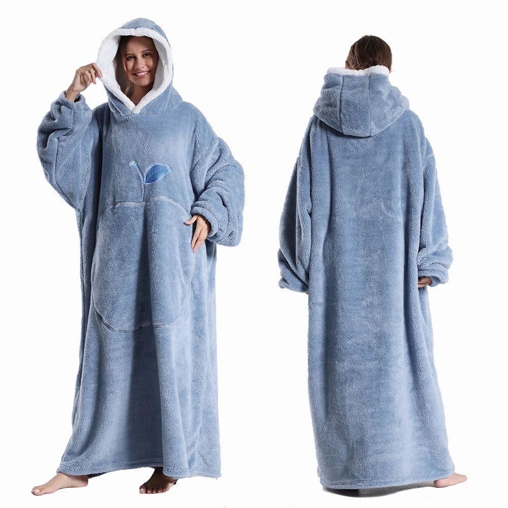 Women’s Oversized Wearable Blanket Hoodie – Winter Warm Thick Pajama with Sleeves