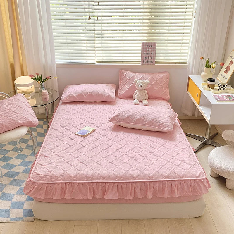Super Nordic Thick and Warm Fitted Sheet with Elastic Bands & Princess Waterproof Bed Skirt – Pink Mattress Covers
