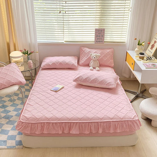 Super Nordic Thick and Warm Fitted Sheet with Elastic Bands & Princess Waterproof Bed Skirt – Pink Mattress Covers